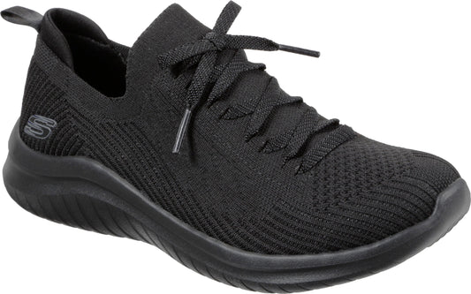 Black athletic shoe with black laces, sock-like ankle opening and loop on the heel.