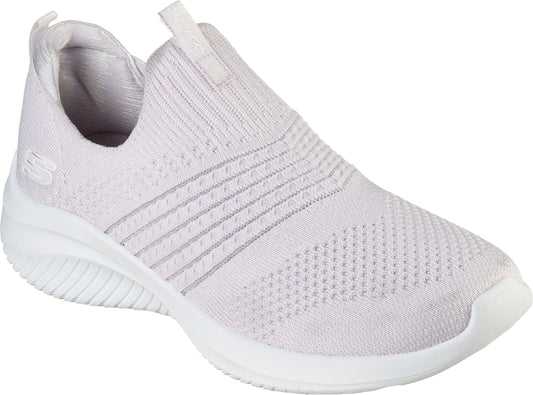 Light purple slip-on shoe with a knit upper and white sole.