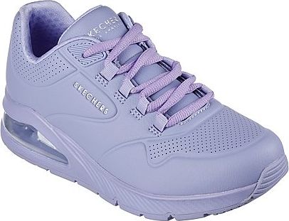 Lavender sneaker with a visible air cushion and laces, featuring perforations near the front and the word 'SKECHERS' on the side.