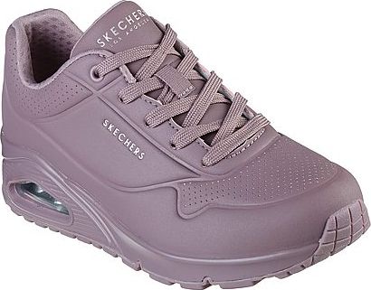 Lavender sneaker with perforated upper, air cushioned heel, and "SKECHERS LOS ANGELES" logo.