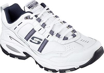 White leather sport shoe with black accents, lace-up closure, and S logo on the side.