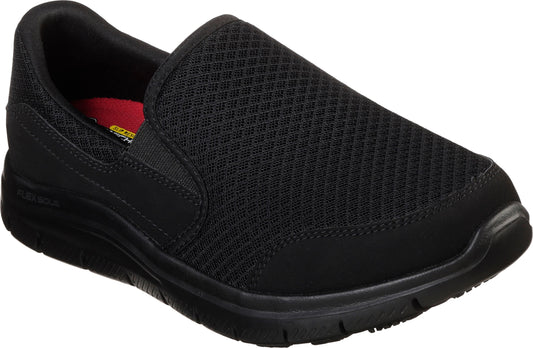 Black slip-on shoe with a mesh upper and flexible black sole.