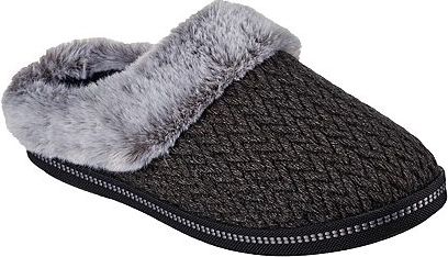 Charcoal-colored knit slipper with gray faux fur trim.