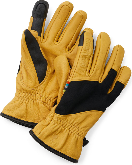 A pair of tan leather gloves with black accents on the knuckles and fingertips.