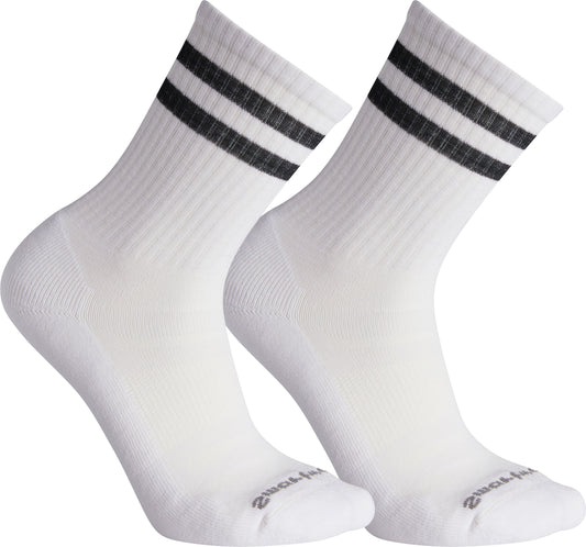 Two white socks, each with three horizontal black stripes at the top.