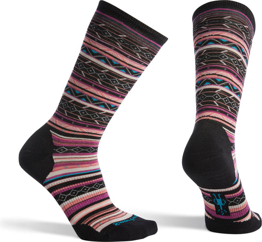 Two socks with black heel and toe, and colorful striped geometric patterned leg.
