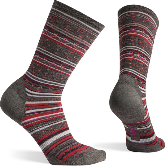 Pair of brown patterned crew socks with red and white stripes.