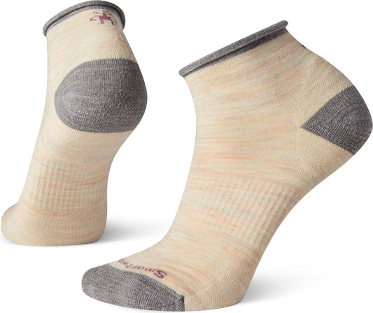 Pair of ankle socks, cream with a pink and orange pattern, gray heel, toe, and trim.