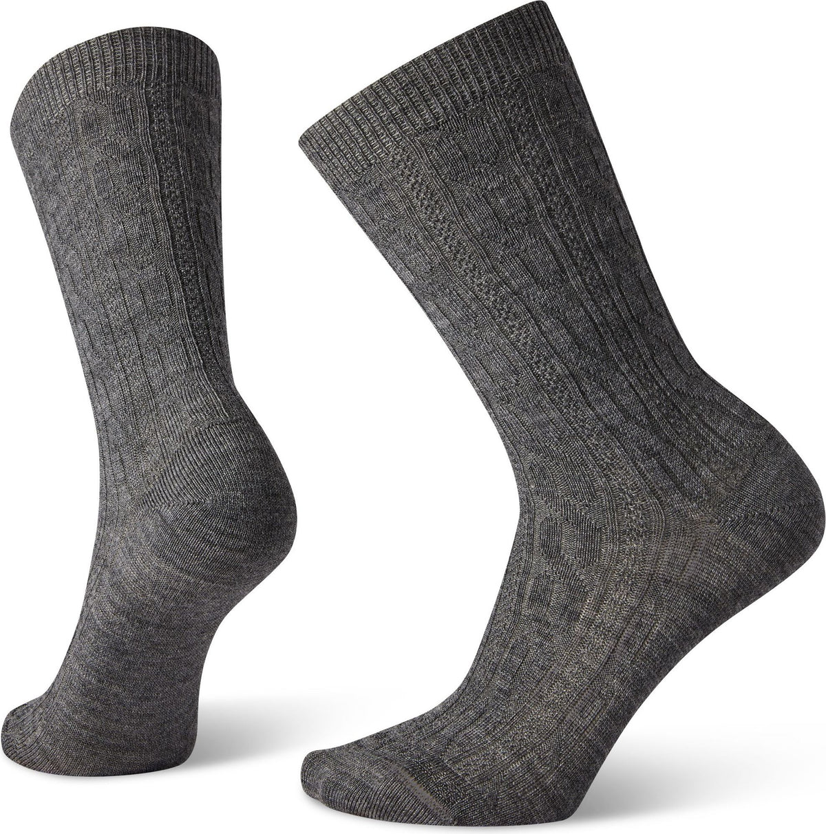 Two gray crew socks with vertical ribbed patterns.
