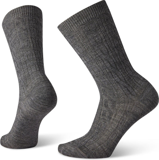 Two gray crew socks with vertical ribbed patterns.