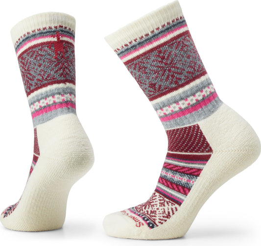 Two white wool socks with burgundy, pink, gray, and blue patterns around the top and bottom.