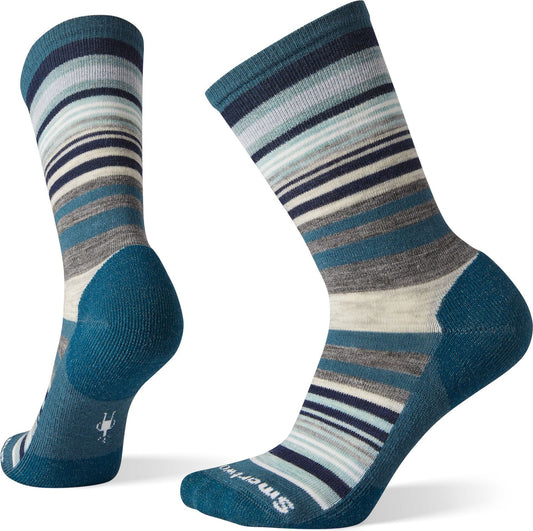 Pair of socks in shades of blue, gray, and white stripes.