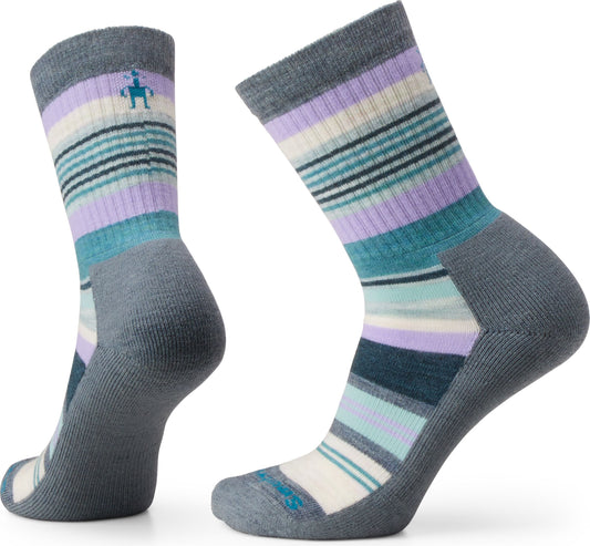 Two gray socks with stripes of teal, purple, beige, and black with a stick figure on the side