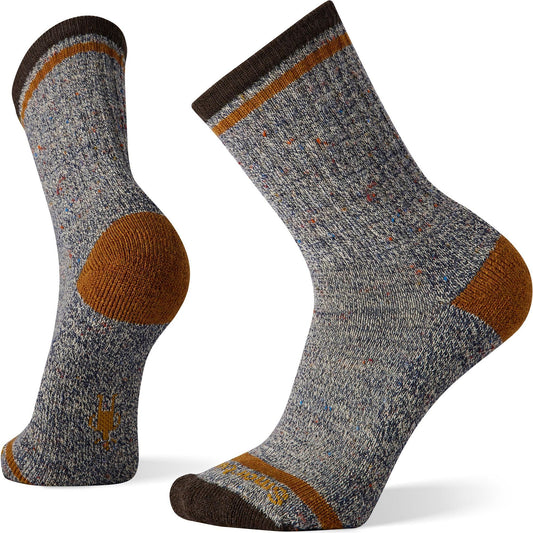 Pair of gray socks with brown heel and toe, and gold bands at ankle.