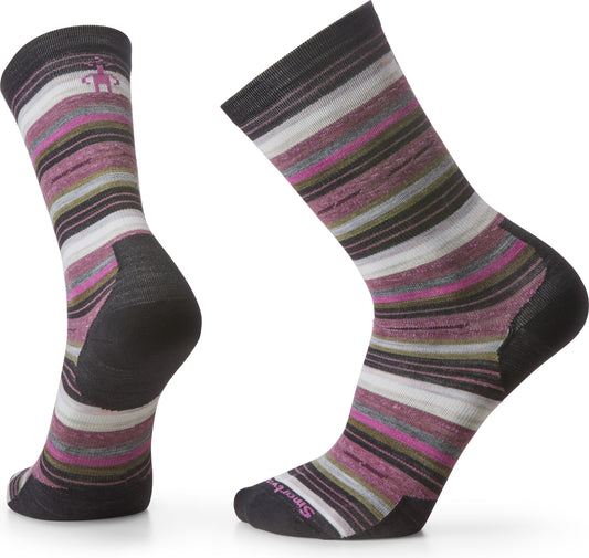 Two striped socks with dark heels and toes, the stripes are white, pink, grey and green with a stick figure logo on the side.