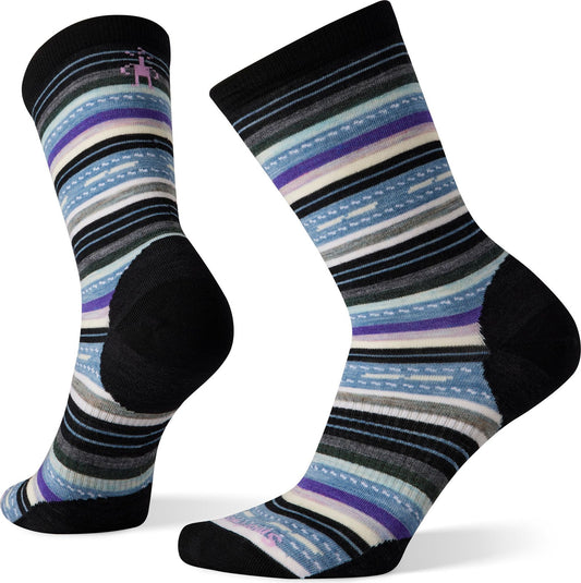 Pair of black, light blue, gray, and purple striped socks with a small logo on the cuff of one sock.