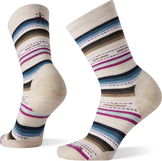 Two wool socks, horizontal stripes of various colors, including light blue, dark blue, purple, and brown.