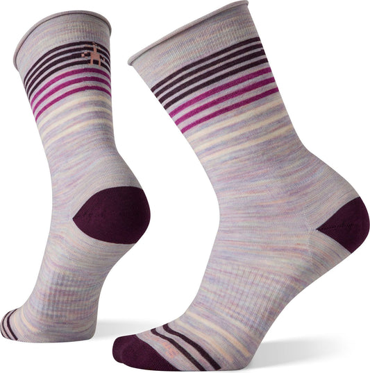 Two lavender socks with purple heel and stripes, one laying down and the other standing.