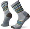 Pair of gray crew socks with blue, gold, green, and white stripes.