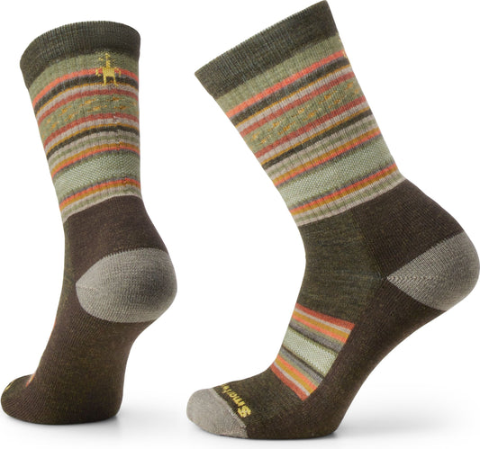 Pair of brown socks with sage, orange, and brown horizontal stripes. The heel and toe are gray. One sock has a gold mountain goat embroidered near the top.