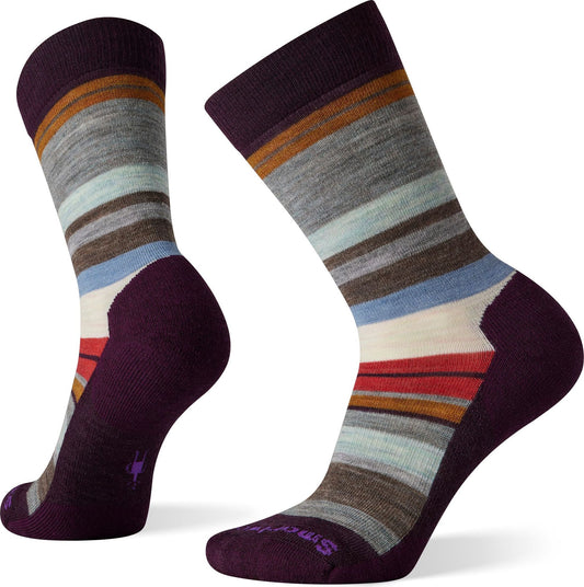 Pair of plum crew socks with colorful horizontal stripes.