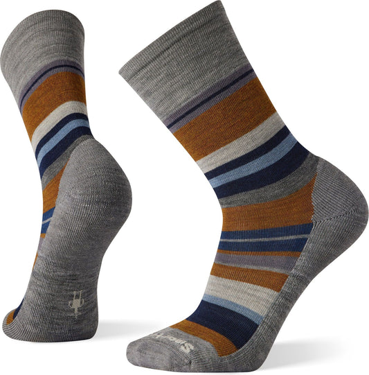 Two grey socks with brown, navy and light blue stripes.