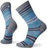 Two striped blue and grey socks, one upright and the other laying on its side.
