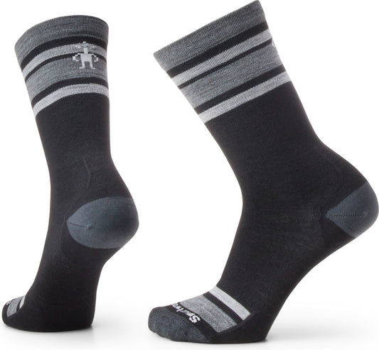 Two black socks with gray heel and toe, plus gray stripes at ankle.  One displays the logo.
