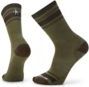 Pair of olive green crew socks with dark brown heel, toe, and striped upper band.