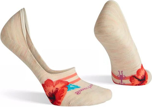 Two socks; one beige sock has a floral design with red and blue on the sides, and a striped pattern at the top of the heel; the second sock is beige from the front with a floral print near the toe.