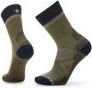 Pair of cushioned crew-length olive green socks with navy blue toe and heel.