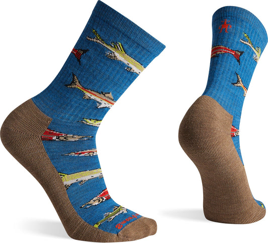 Two blue socks with fish pattern and brown heel and toe.