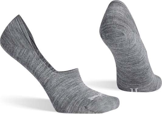 Two grey low-cut socks with a visible logo on one foot.