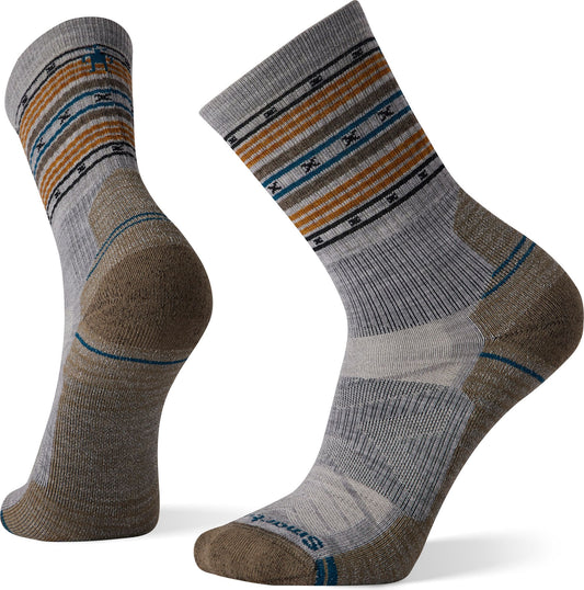 Two gray wool blend socks with striped patterns on the upper portion, and reinforced heel and toe.