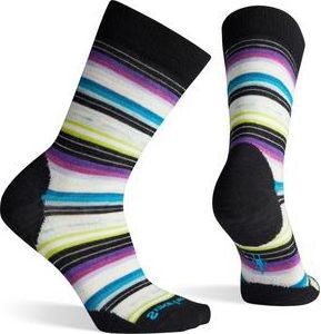 Pair of striped crew socks, white with black heel and toe, with blue, purple, yellow, and black stripes.