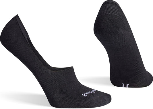 Two low-cut black socks, one upright showing a tab at the heel, the other sock shown at an angle.