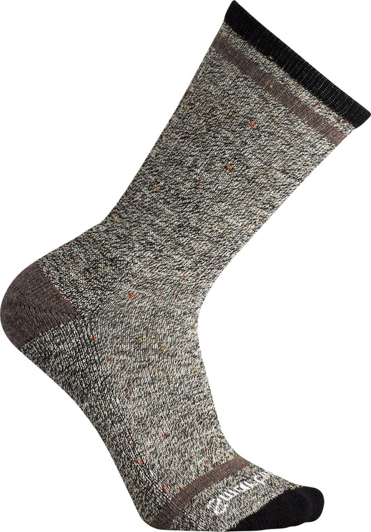 One gray wool-blend sock with brown heel and toe, and black top band.