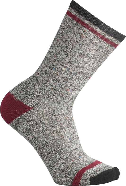 Gray wool sock with red heel and stripes.