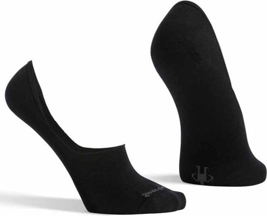 Two black, no-show socks, one on its side and one standing upright.