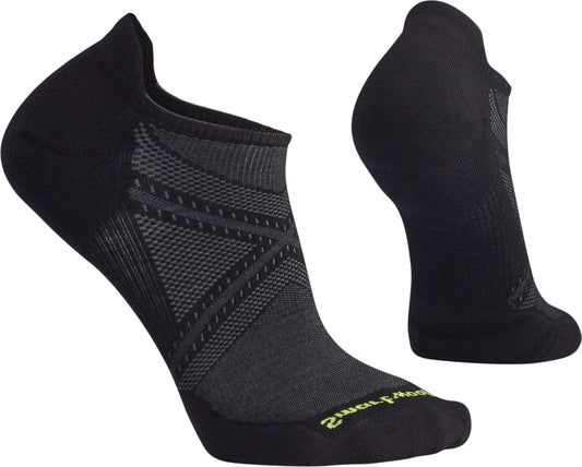 Black running socks with gray striped pattern, no-show.
