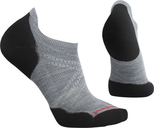 Pair of gray ankle socks with black heel and toe.