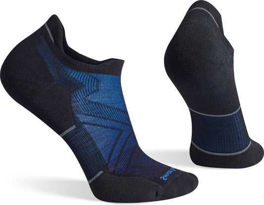 Two Smartwool socks, black with a blue and black zigzagging pattern on the heel, one is positioned vertically and the other on its side.