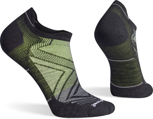 Two black and green low-cut socks, with chevron patterns.