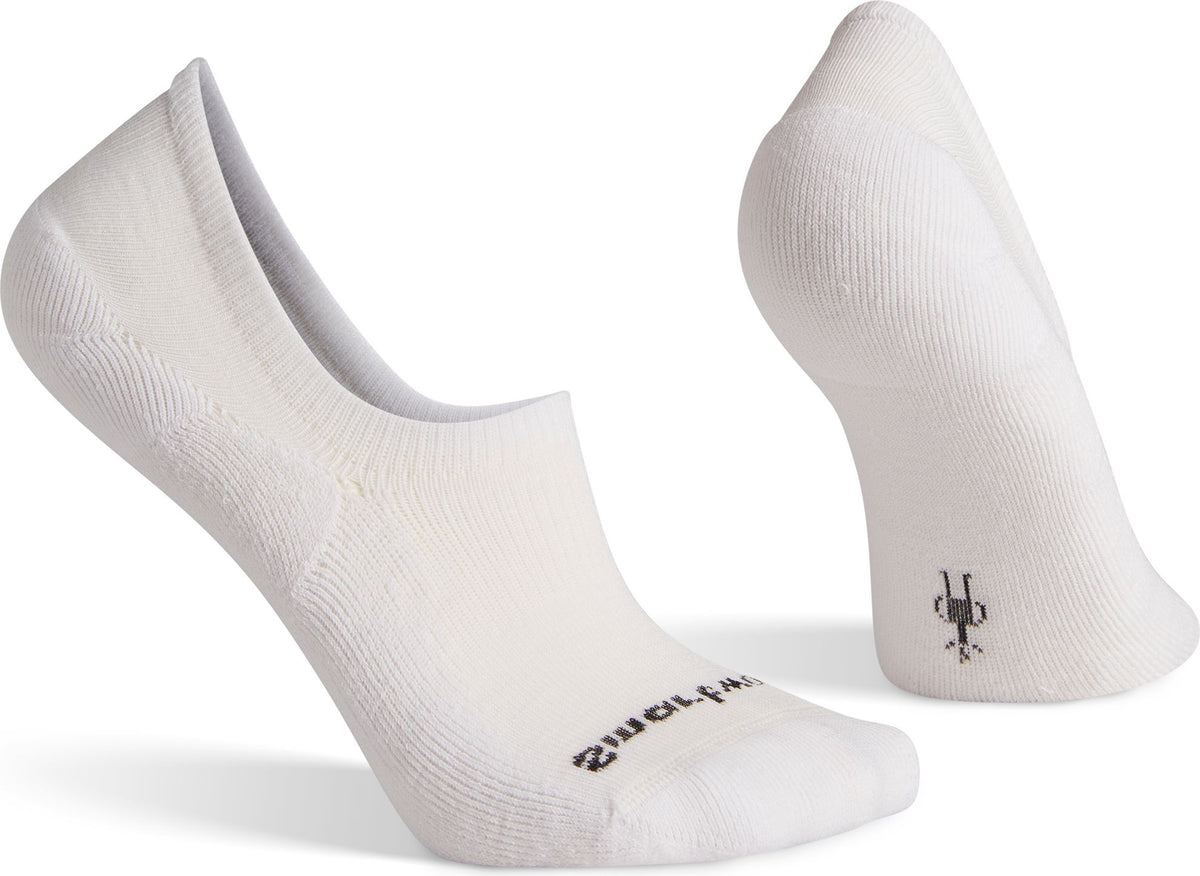 Two white loafer socks; one with the logo "smartwool" near the toe.