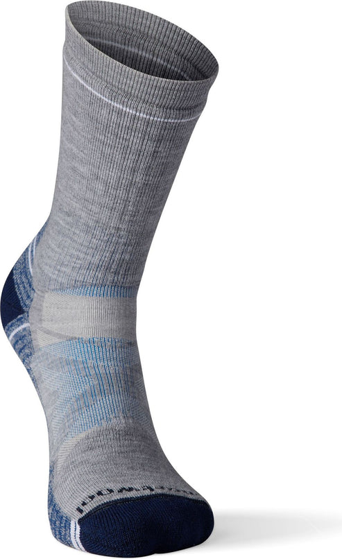 Grey sock with blue heel and toe.