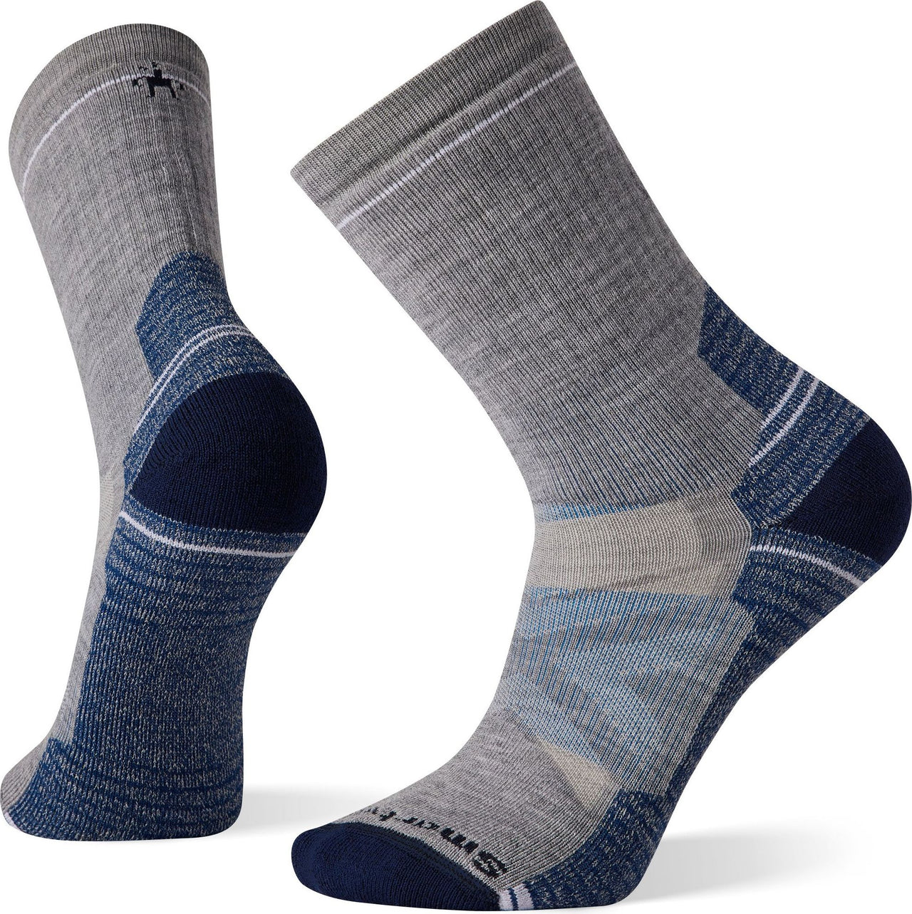 Two grey wool socks with reinforced blue heel and toe.