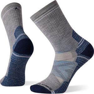 Two grey wool socks with reinforced blue heel and toe.