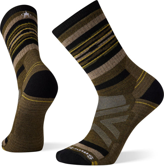 Two socks, each with a striped pattern in shades of green, brown, black, and yellow.