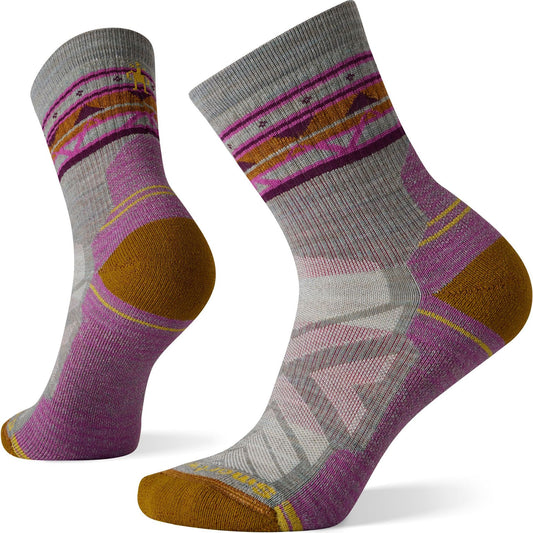 Pair of gray socks with pink and orange patterned accents.