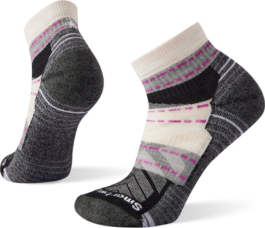 Two Smartwool socks, patterned in white, pink, grey and black, ankle length.